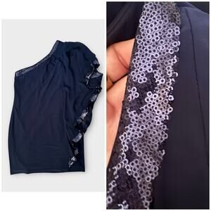 Betsy & Adam one shoulder navy blue sequin dress